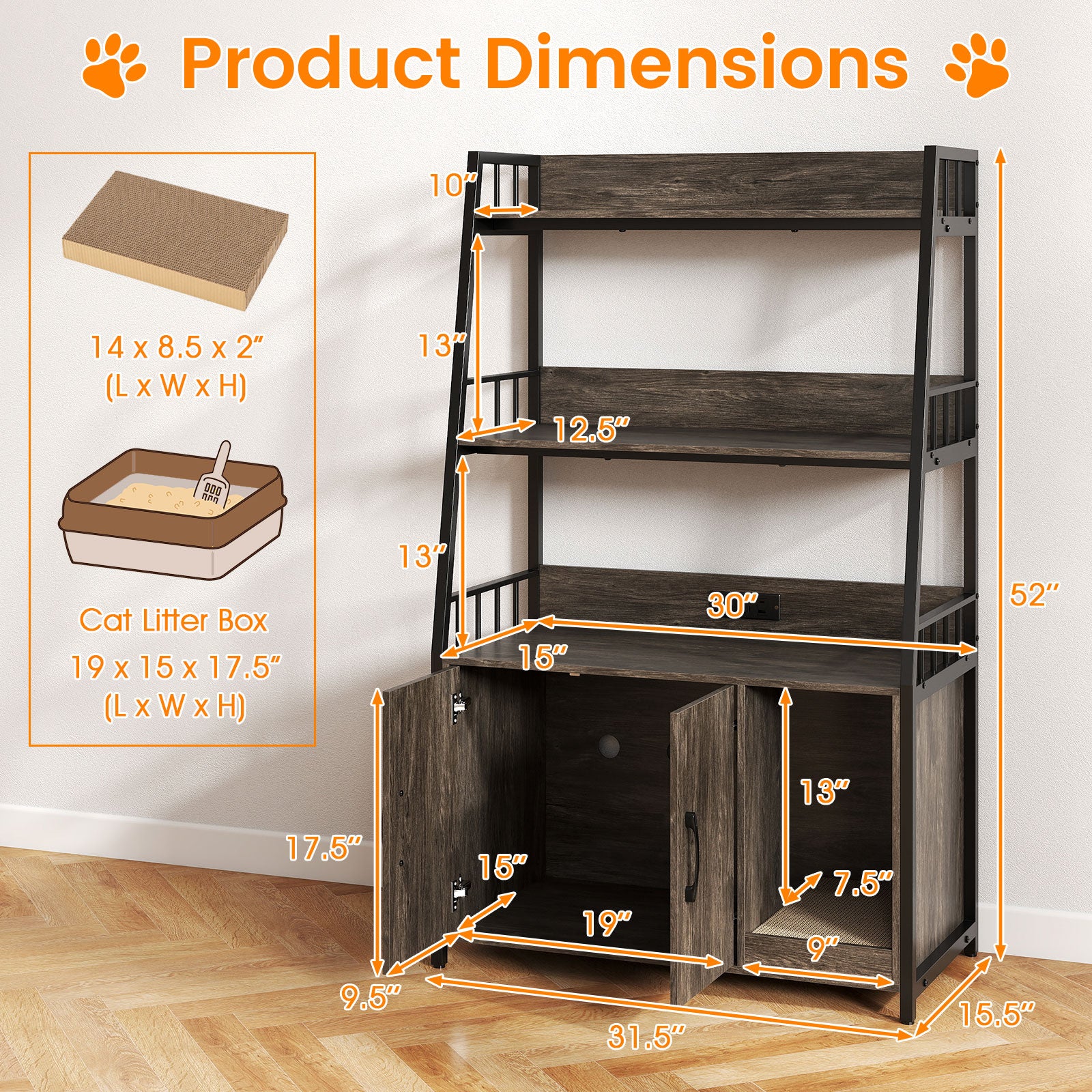 Cat Litter Box Enclosure with Storage Shelves and Scratching Pad-Gray