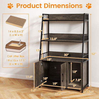 Cat Litter Box Enclosure with Storage Shelves and Scratching Pad-Gray