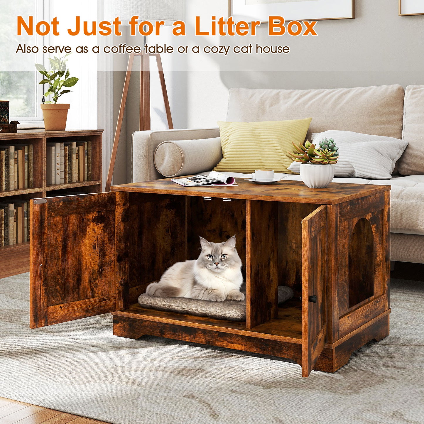 Cat Litter Box Enclosure Furniture Indoor Wooden Cat House End Side Table Nightstand-Brown