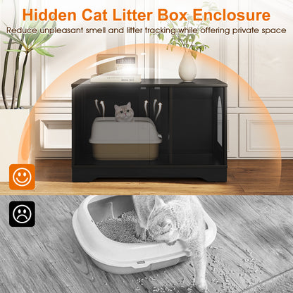Cat Litter Box Enclosure Furniture Indoor Wooden Cat House End Side Table Nightstand-Black