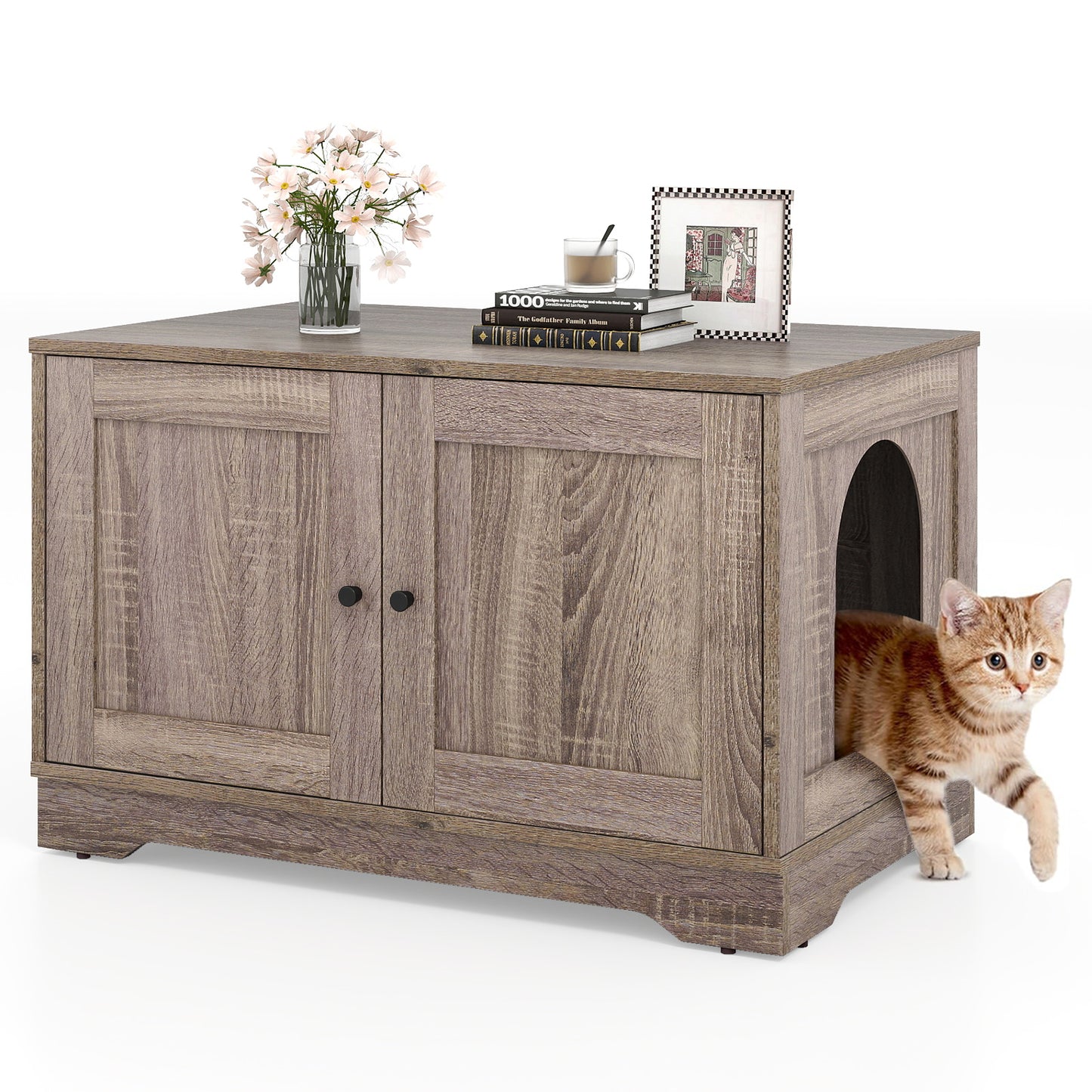 Cat Litter Box Enclosure Furniture Indoor Wooden Cat House End Side Table Nightstand-Gray