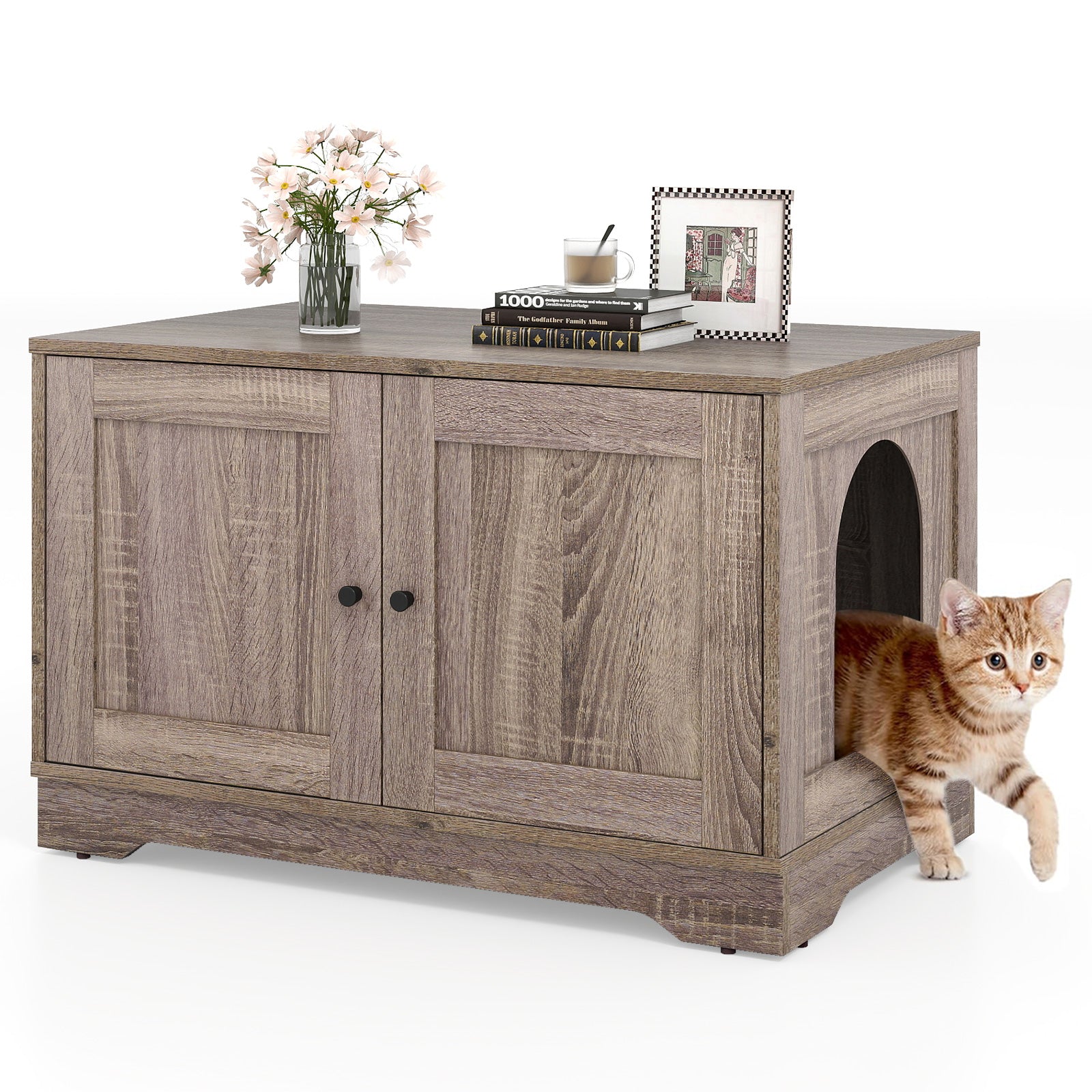 Cat Litter Box Enclosure Furniture Indoor Wooden Cat House End Side Table Nightstand-Gray