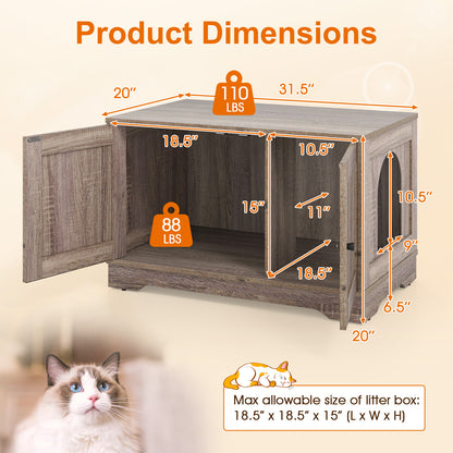 Cat Litter Box Enclosure Furniture Indoor Wooden Cat House End Side Table Nightstand-Gray