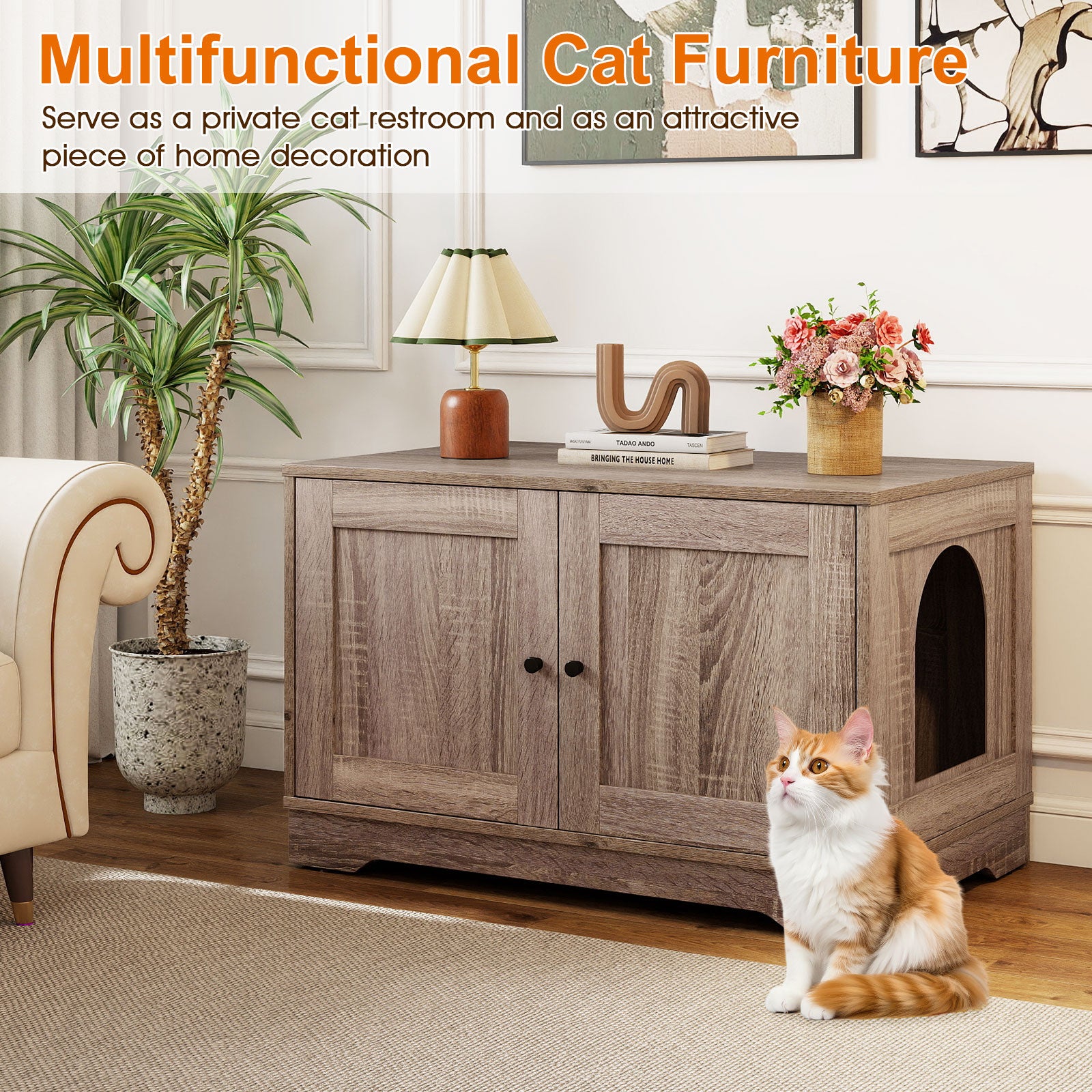 Cat Litter Box Enclosure Furniture Indoor Wooden Cat House End Side Table Nightstand-Gray