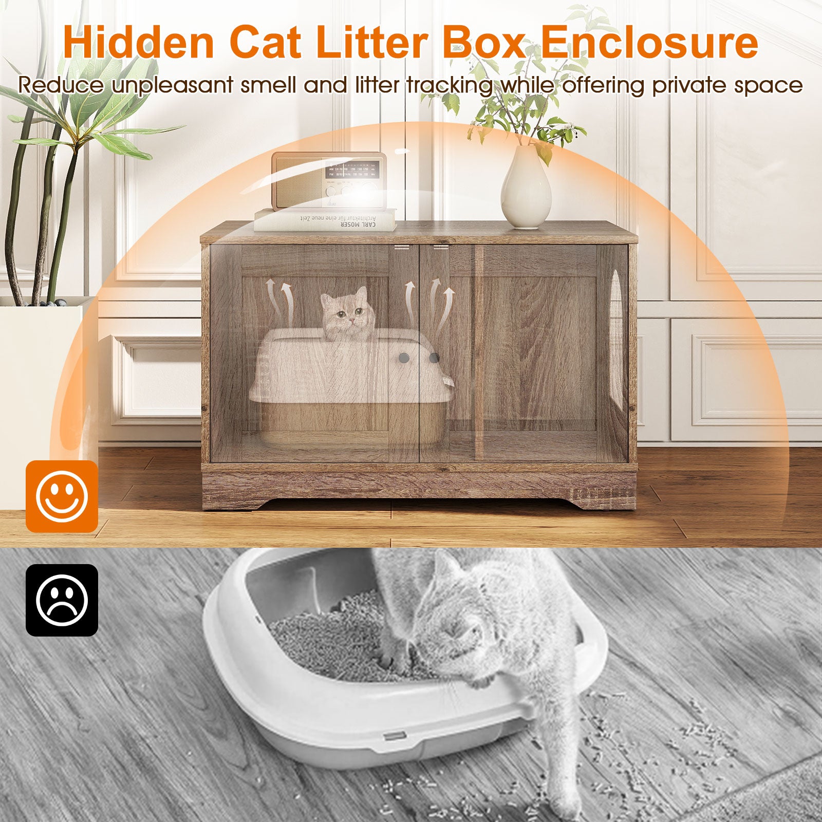 Cat Litter Box Enclosure Furniture Indoor Wooden Cat House End Side Table Nightstand-Gray