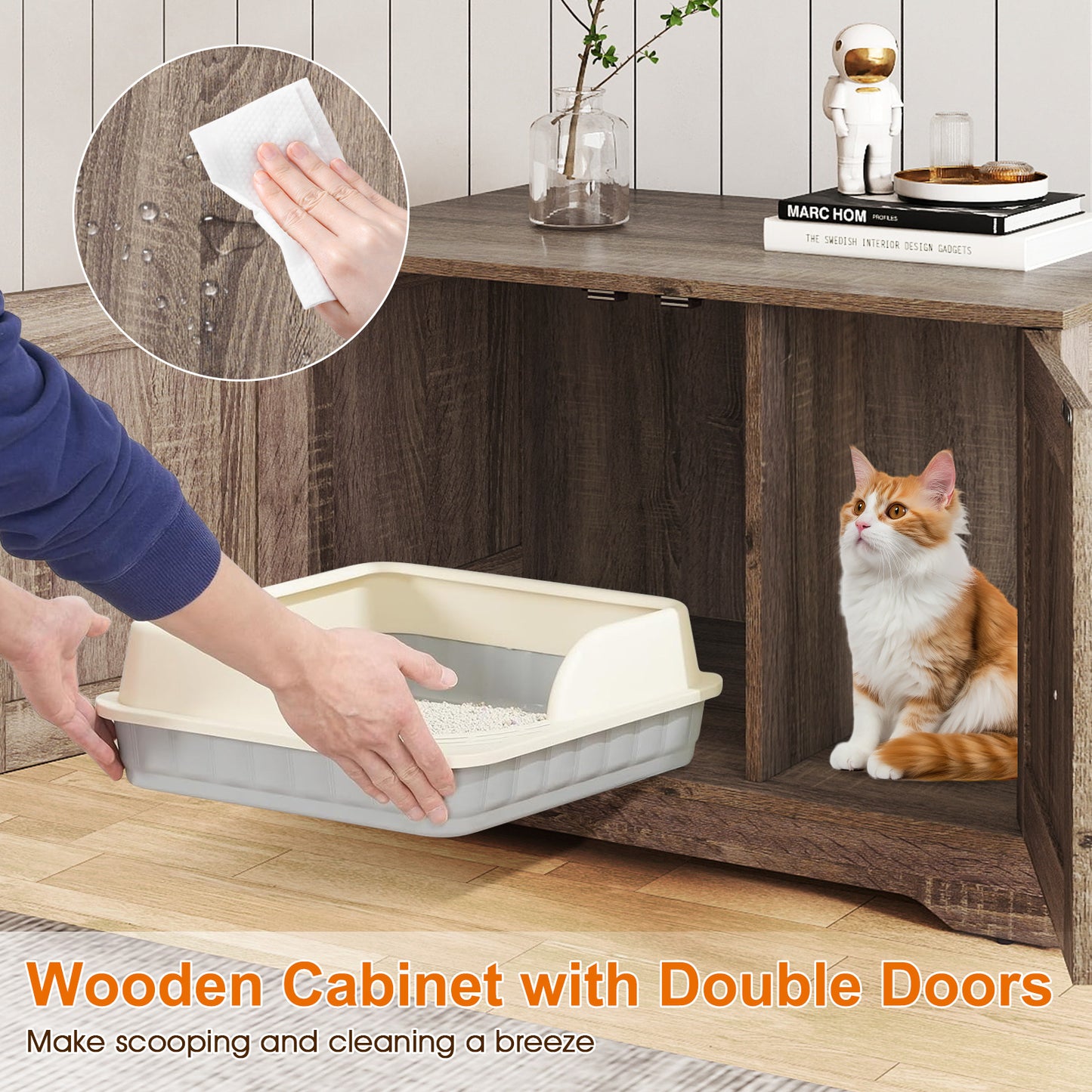 Cat Litter Box Enclosure Furniture Indoor Wooden Cat House End Side Table Nightstand-Gray