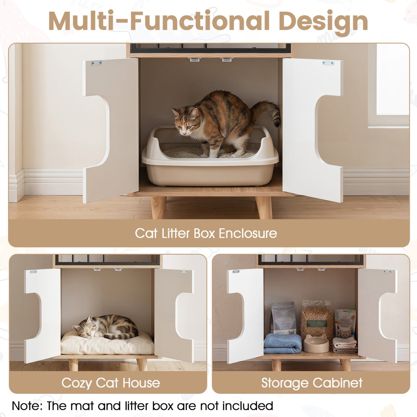 Cat Litter Box Enclosure with Shelf and Double Doors
