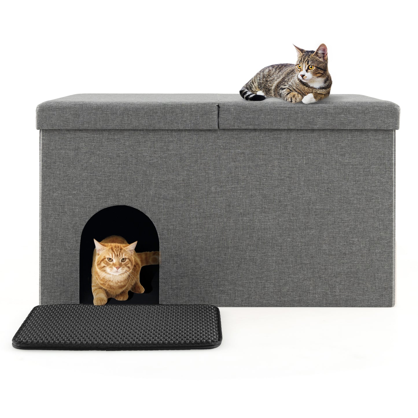 Cat Litter Box Enclosure Hidden Furniture with Urine Proof Litter Mat-Beige - Gray