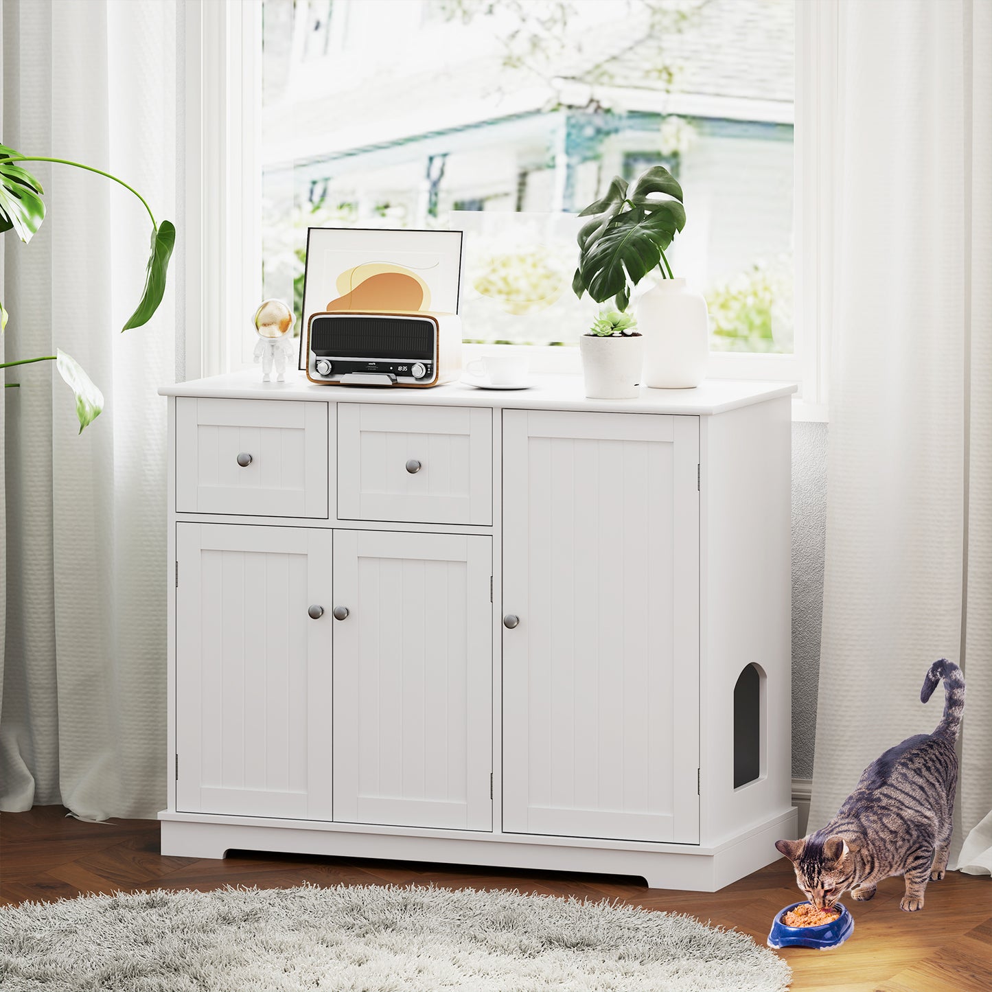 Cat Litter Box Enclosure with 2 Drawers and 3 Doors for Kittens and Adult Cats-White