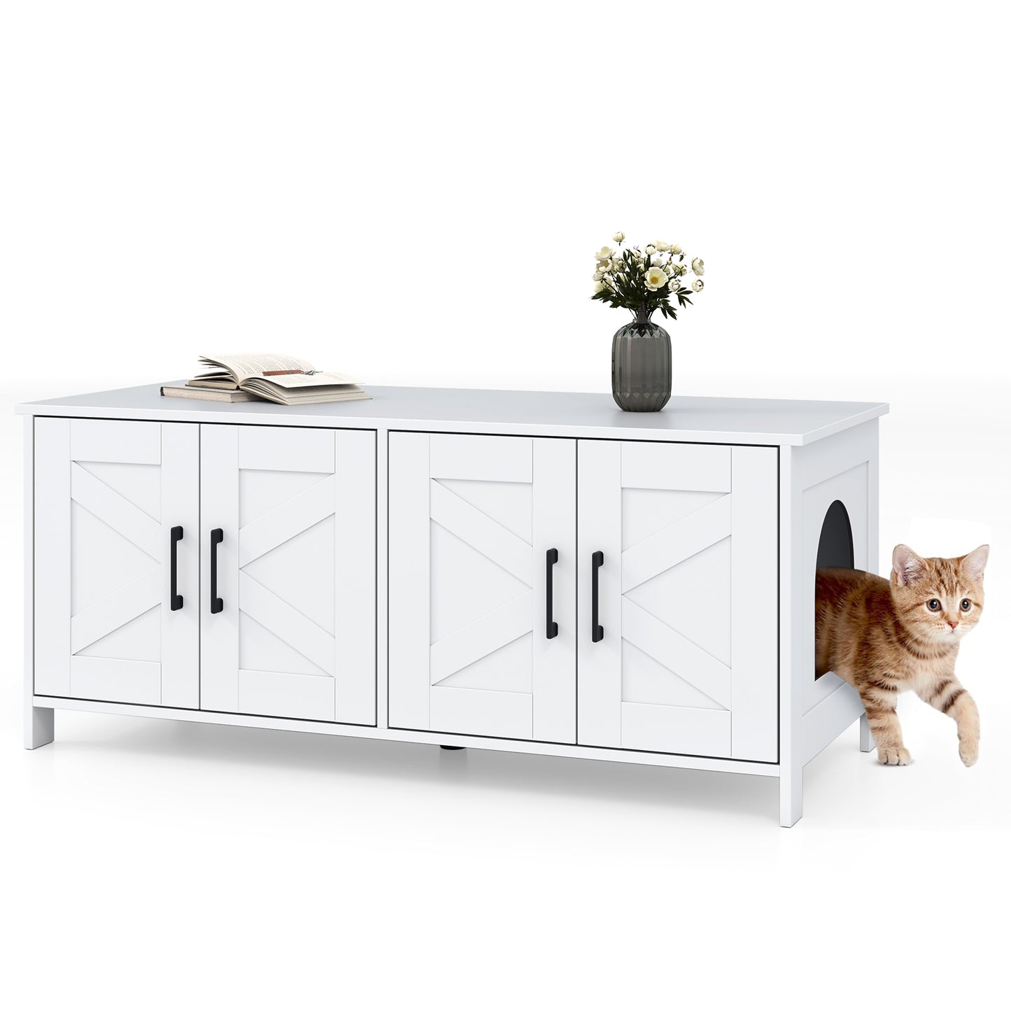 Cat Litter Box Enclosure for 2 Cats Modern Kitty Litter Box Furniture Hidden-Oak - White