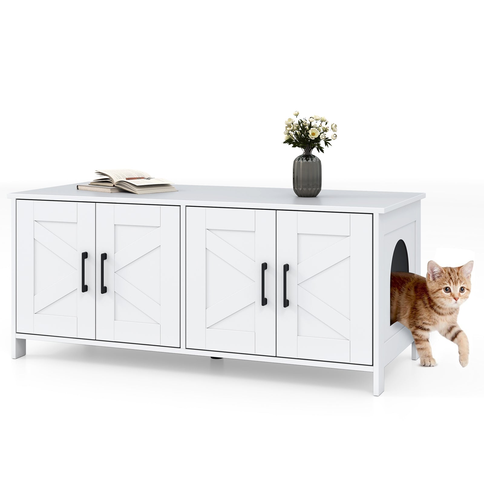 Cat Litter Box Enclosure for 2 Cats Modern Kitty Litter Box Furniture Hidden-Oak - White