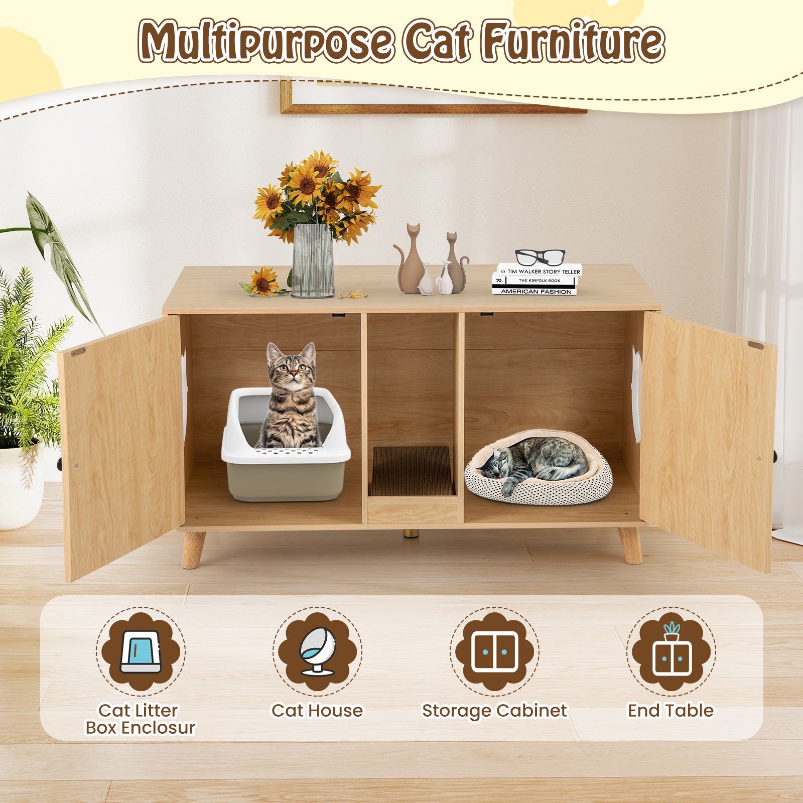 43 Inches Cat Litter Box Enclosure with Double Rooms and 2 Sisal Scratching Mats-Natural