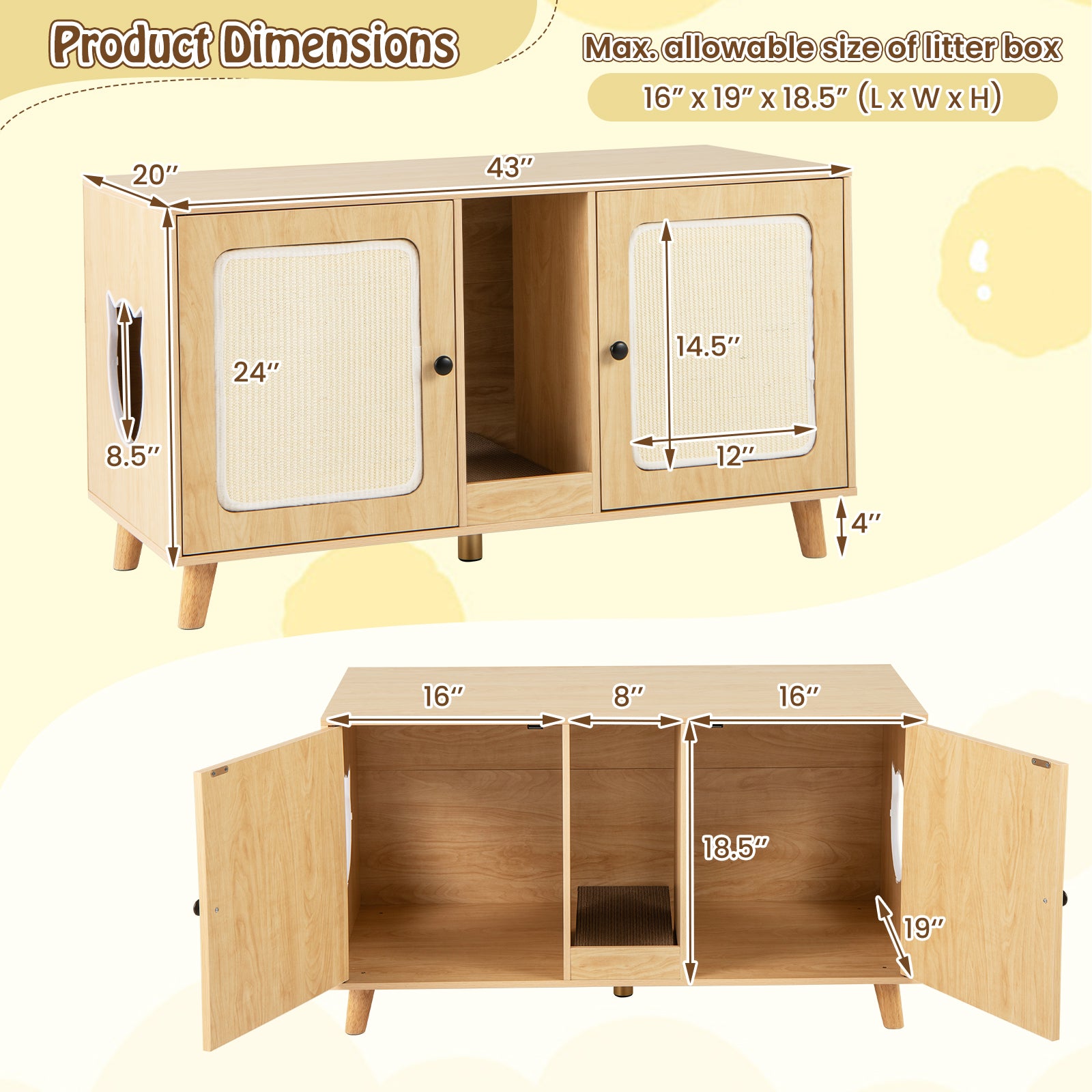 43 Inches Cat Litter Box Enclosure with Double Rooms and 2 Sisal Scratching Mats-Natural