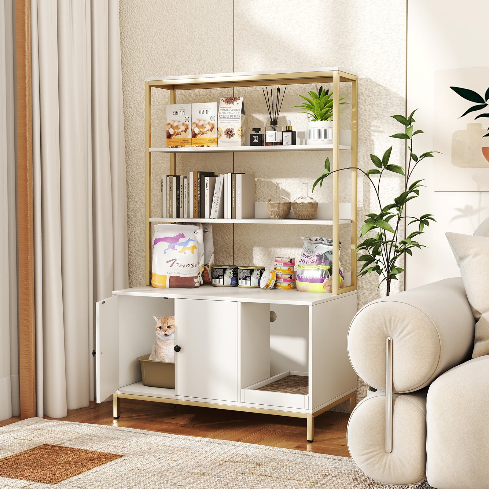 57 Inches Cat Litter Box Enclosure with Storage and Removable Scratcher-White