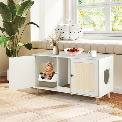 43 Inches Cat Litter Box Enclosure with Double Rooms and 2 Sisal Scratching Mats-White