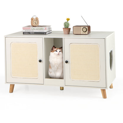 43 Inches Cat Litter Box Enclosure with Double Rooms and 2 Sisal Scratching Mats-White