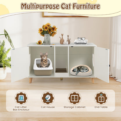 43 Inches Cat Litter Box Enclosure with Double Rooms and 2 Sisal Scratching Mats-White