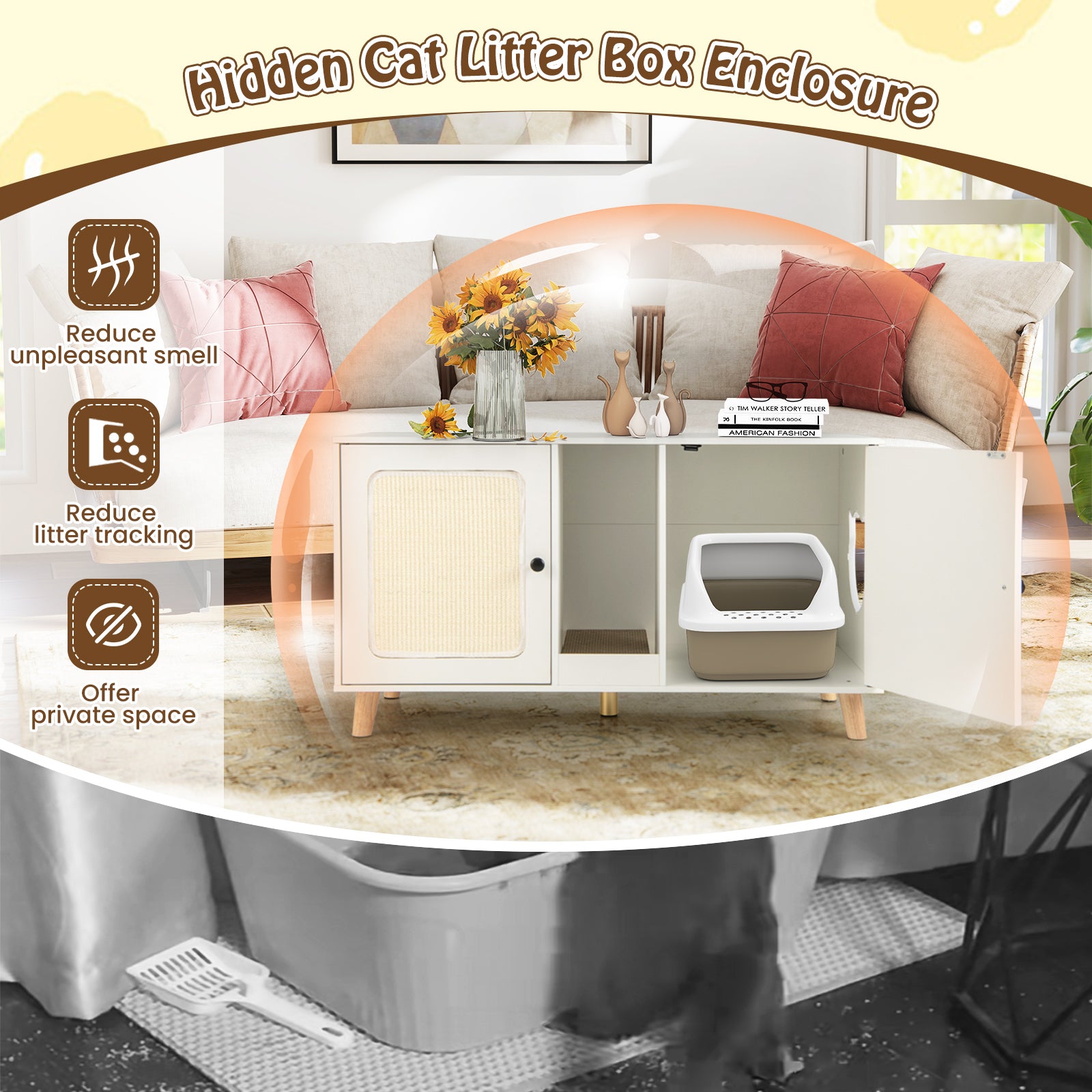 43 Inches Cat Litter Box Enclosure with Double Rooms and 2 Sisal Scratching Mats-White