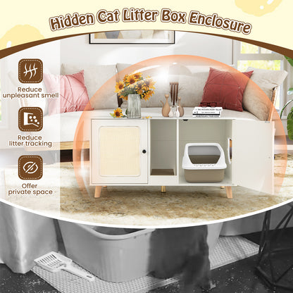 43 Inches Cat Litter Box Enclosure with Double Rooms and 2 Sisal Scratching Mats-White