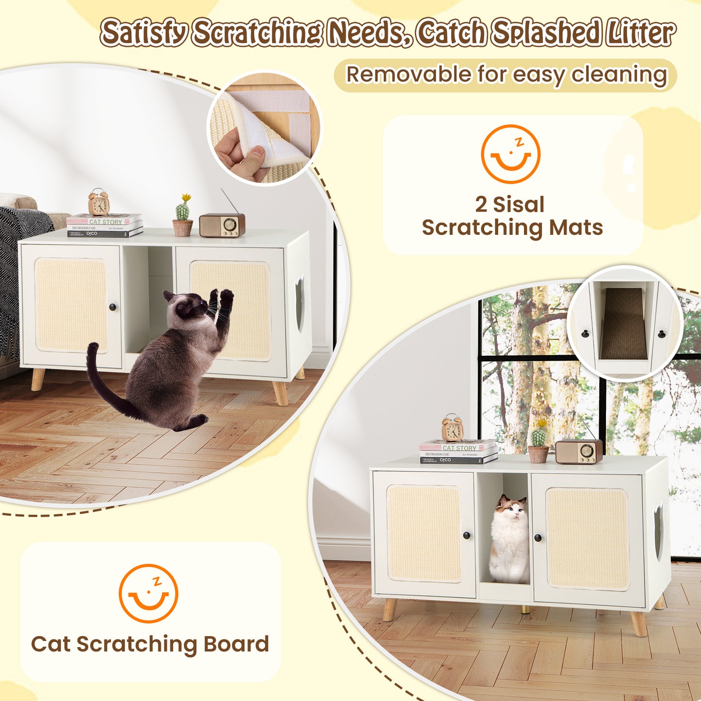 43 Inches Cat Litter Box Enclosure with Double Rooms and 2 Sisal Scratching Mats-White