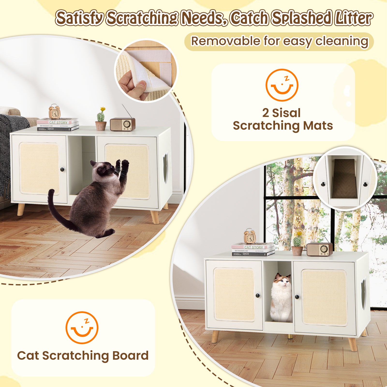 43 Inches Cat Litter Box Enclosure with Double Rooms and 2 Sisal Scratching Mats-White