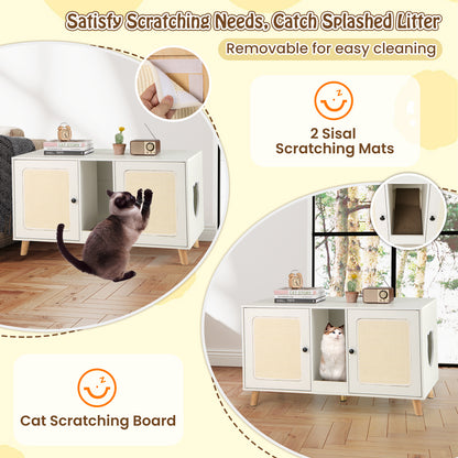 43 Inches Cat Litter Box Enclosure with Double Rooms and 2 Sisal Scratching Mats-White