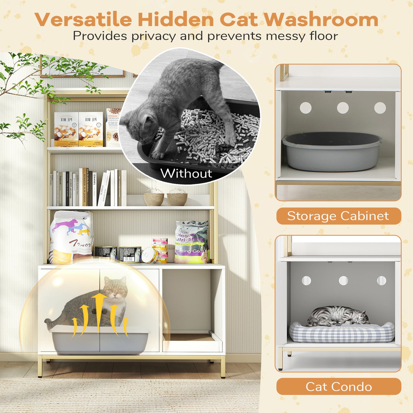 57 Inches Cat Litter Box Enclosure with Storage and Removable Scratcher-White
