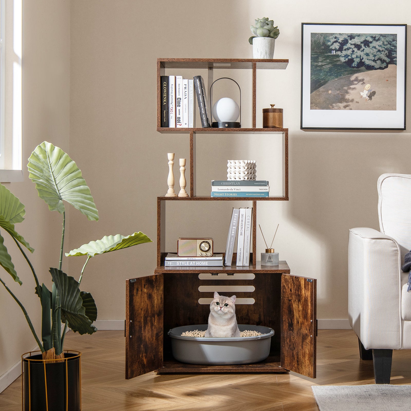 56 Inch Tall Cat Litter Box Enclosure with Storage-Rustic Brown