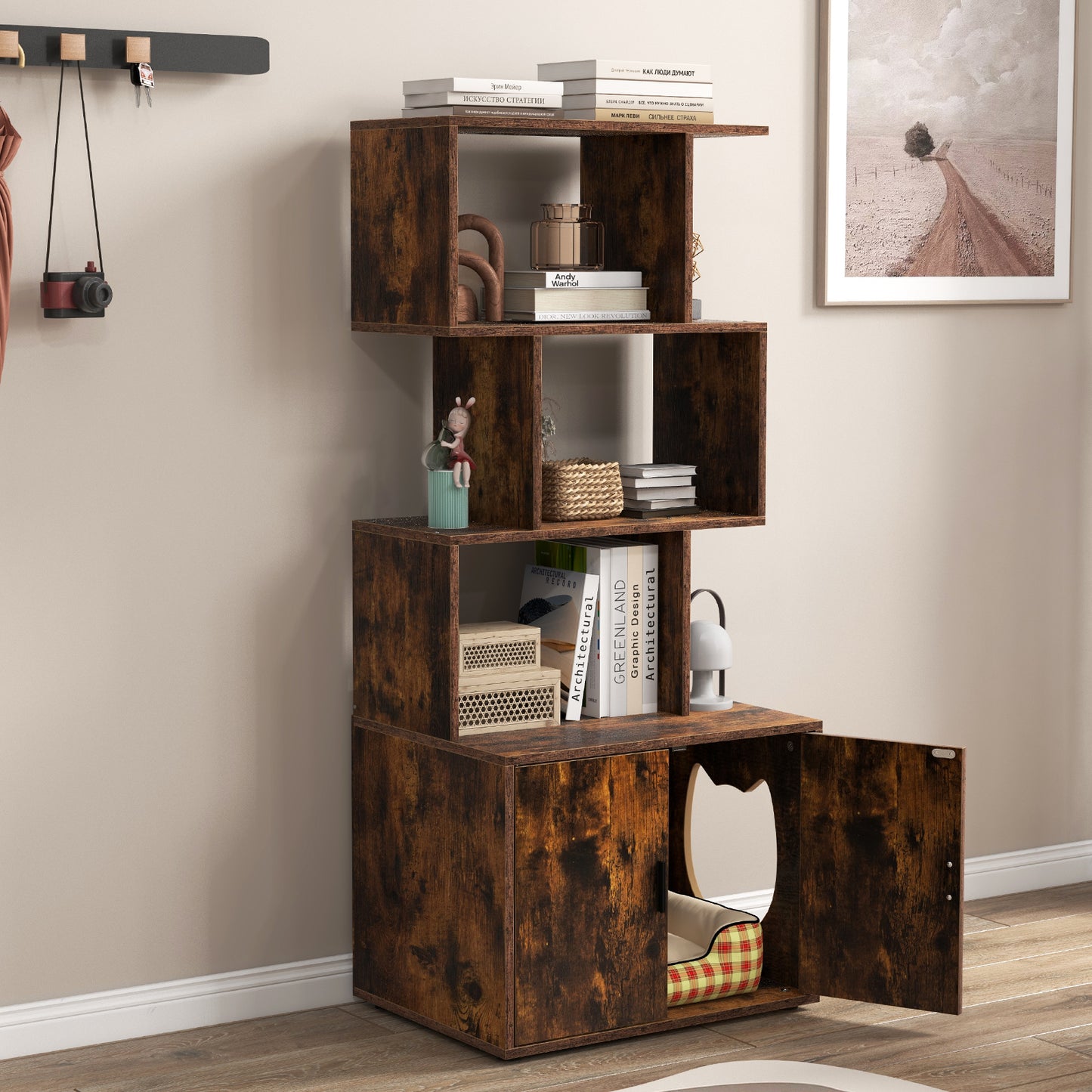 56 Inch Tall Cat Litter Box Enclosure with Storage-Rustic Brown