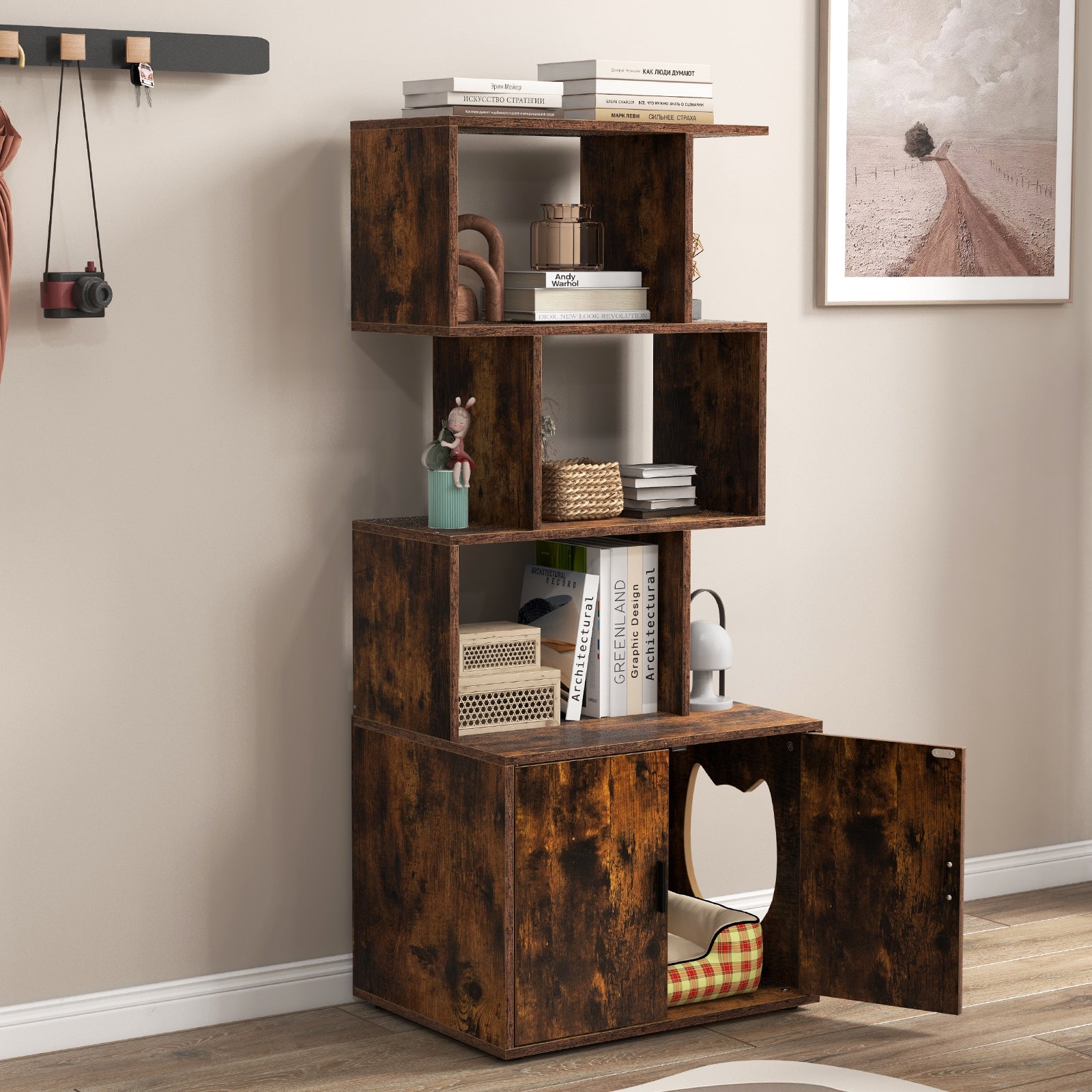 56 Inch Tall Cat Litter Box Enclosure with Storage-Rustic Brown