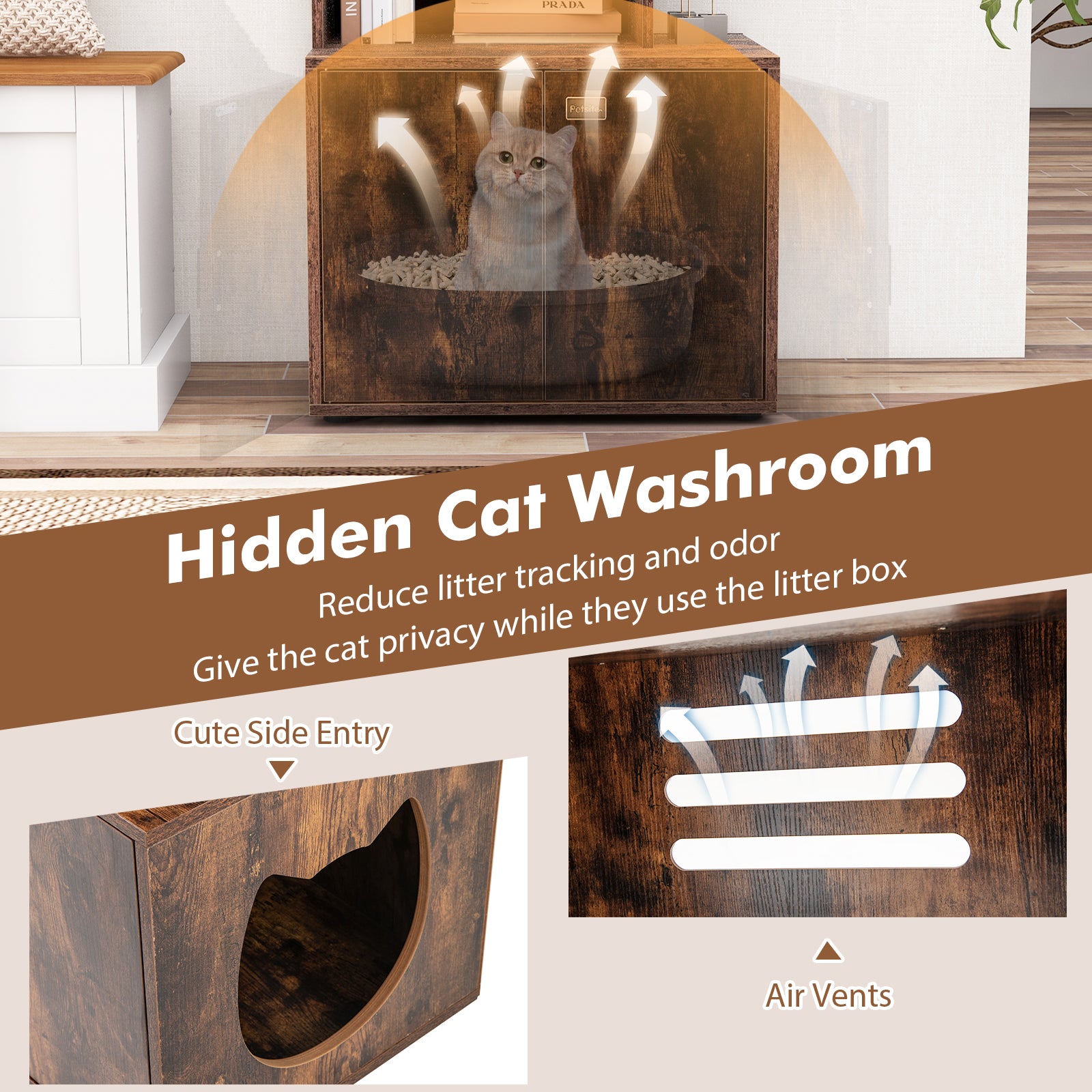 56 Inch Tall Cat Litter Box Enclosure with Storage-Rustic Brown