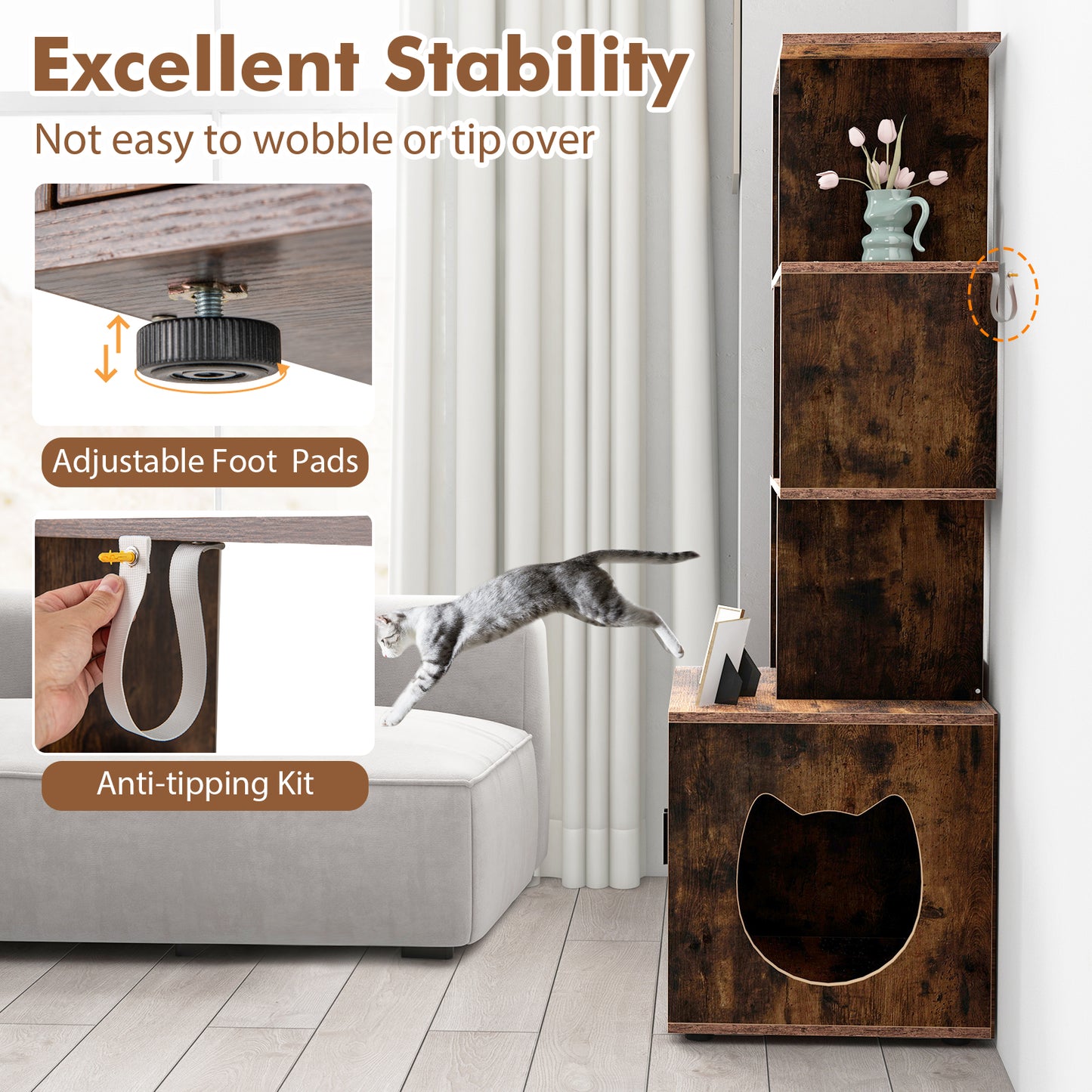 56 Inch Tall Cat Litter Box Enclosure with Storage-Rustic Brown