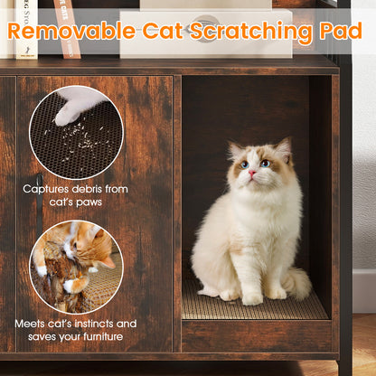 Cat Litter Box Enclosure with Storage Shelves and Scratching Pad-Rustic Brown