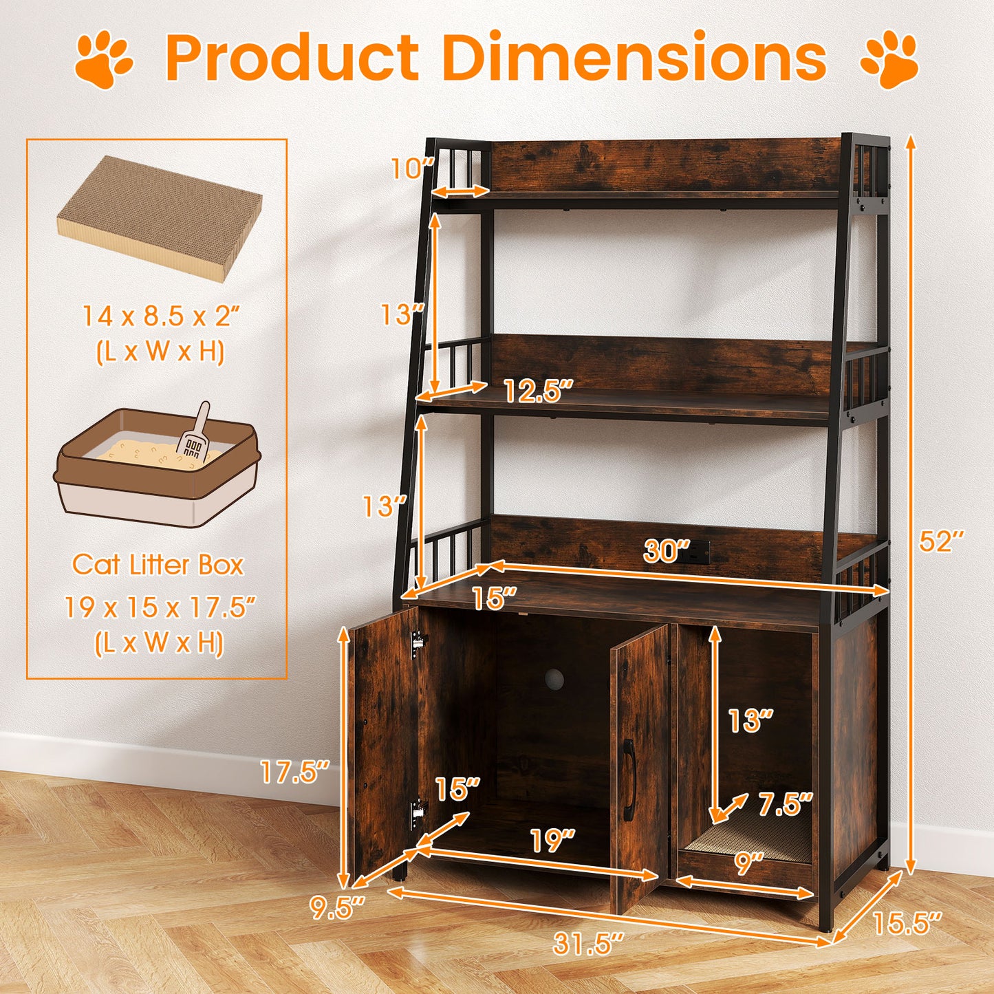 Cat Litter Box Enclosure with Storage Shelves and Scratching Pad-Rustic Brown