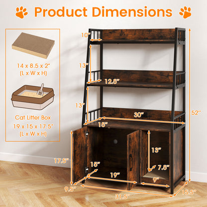 Cat Litter Box Enclosure with Storage Shelves and Scratching Pad-Rustic Brown