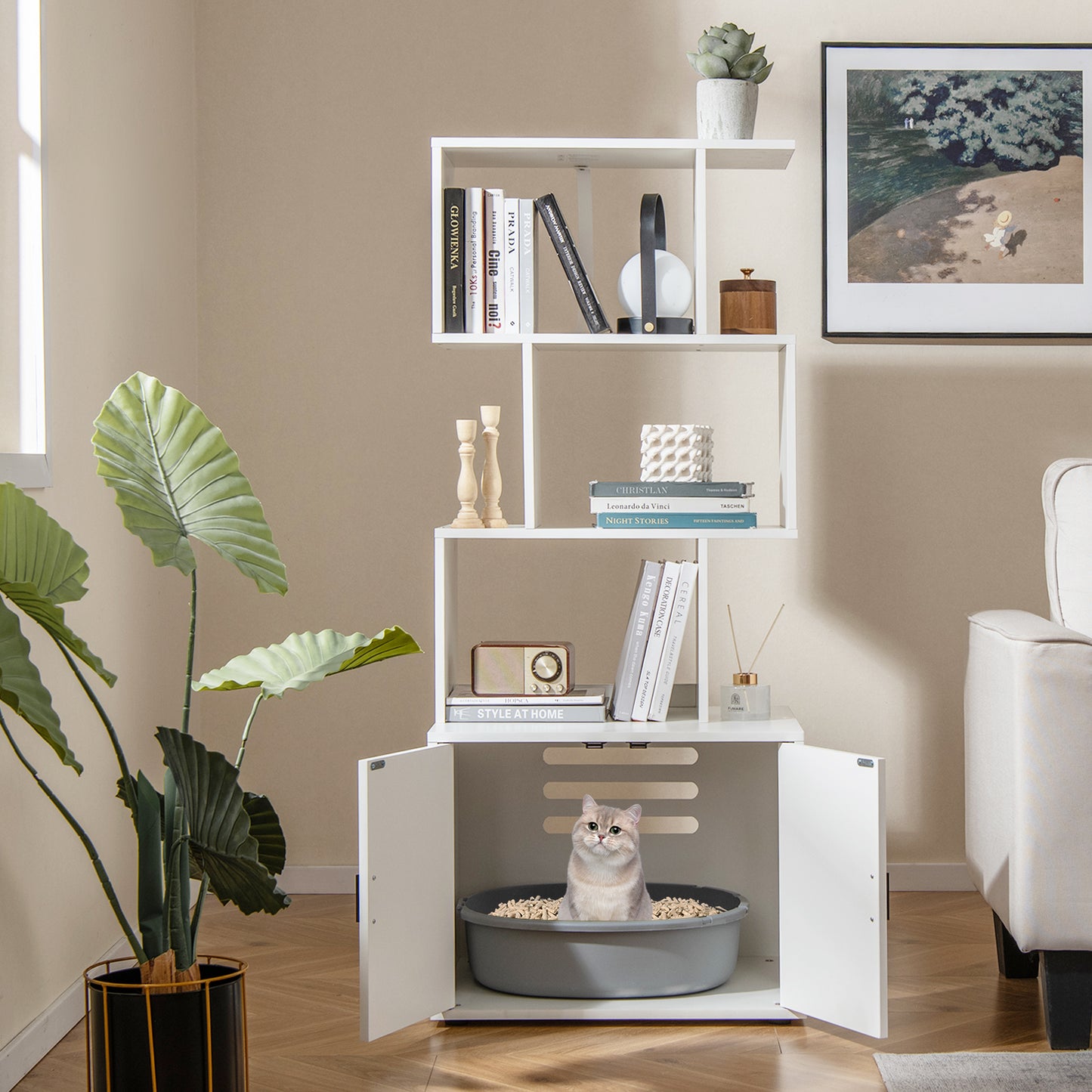 56 Inch Tall Cat Litter Box Enclosure with Storage-White