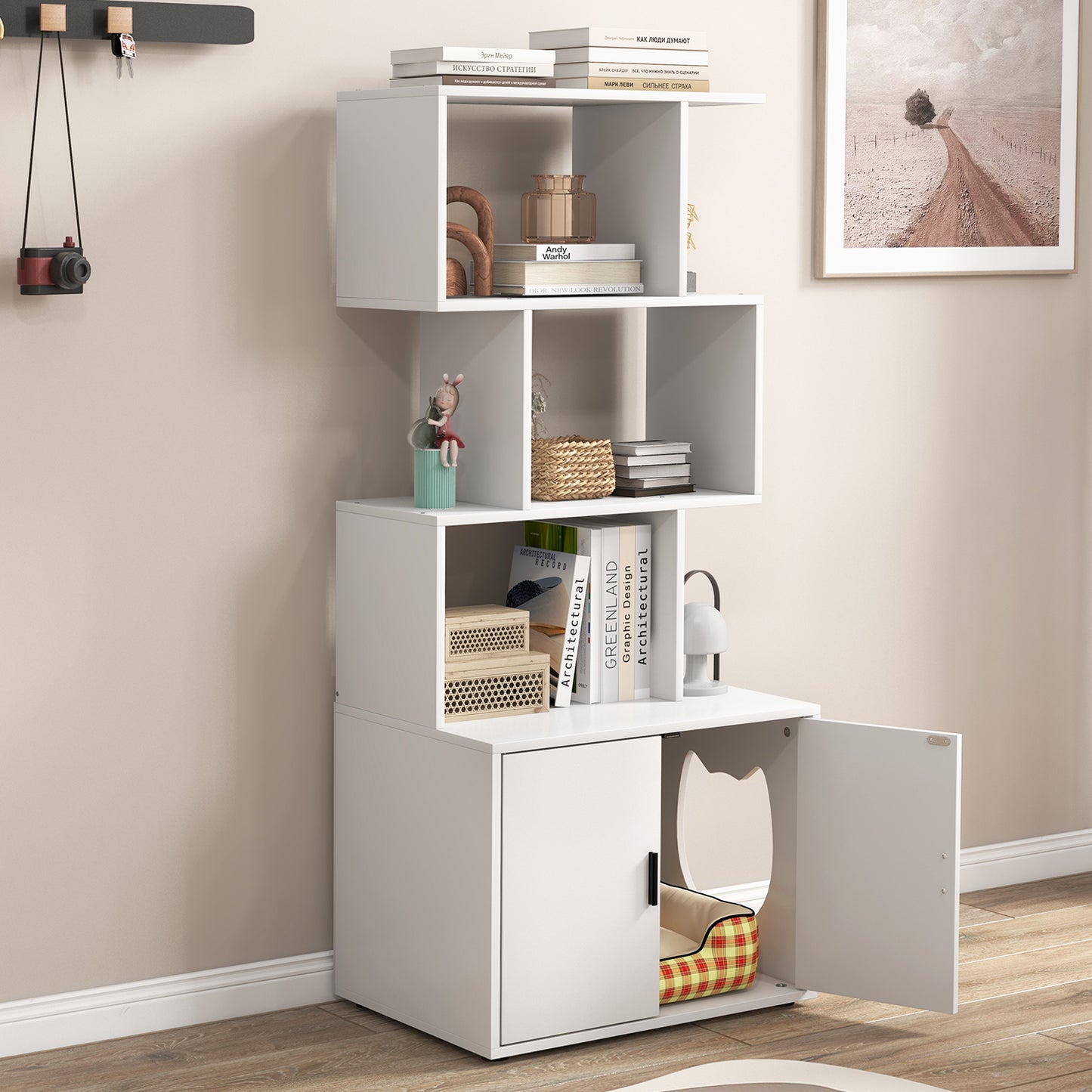 56 Inch Tall Cat Litter Box Enclosure with Storage-White