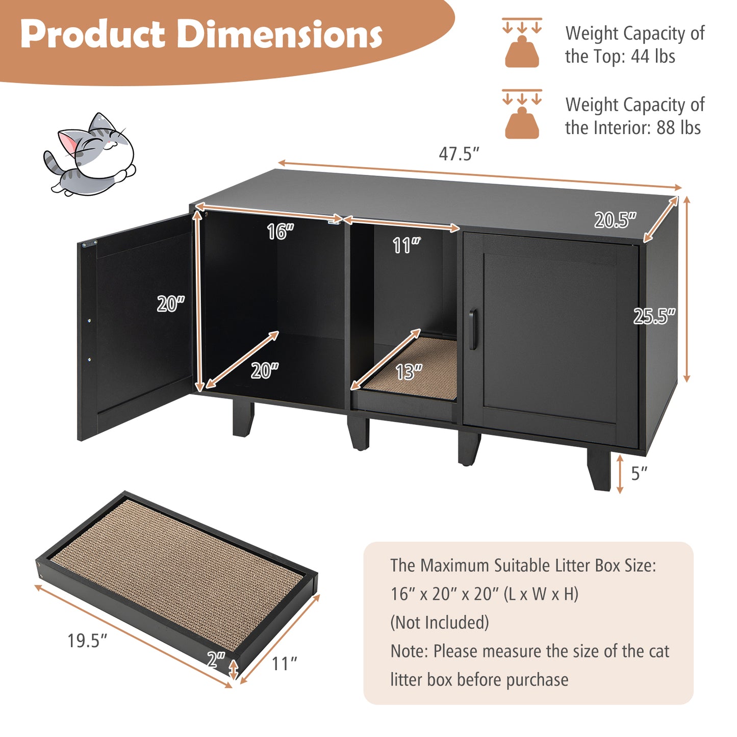 2-Door Cat Litter Box Enclosure with Winding Entry and Scratching Board