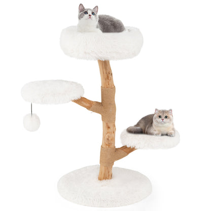 Cat Tree Solid Pear Wood with Perch and Natural Jute Scratching Posts-Brown - White