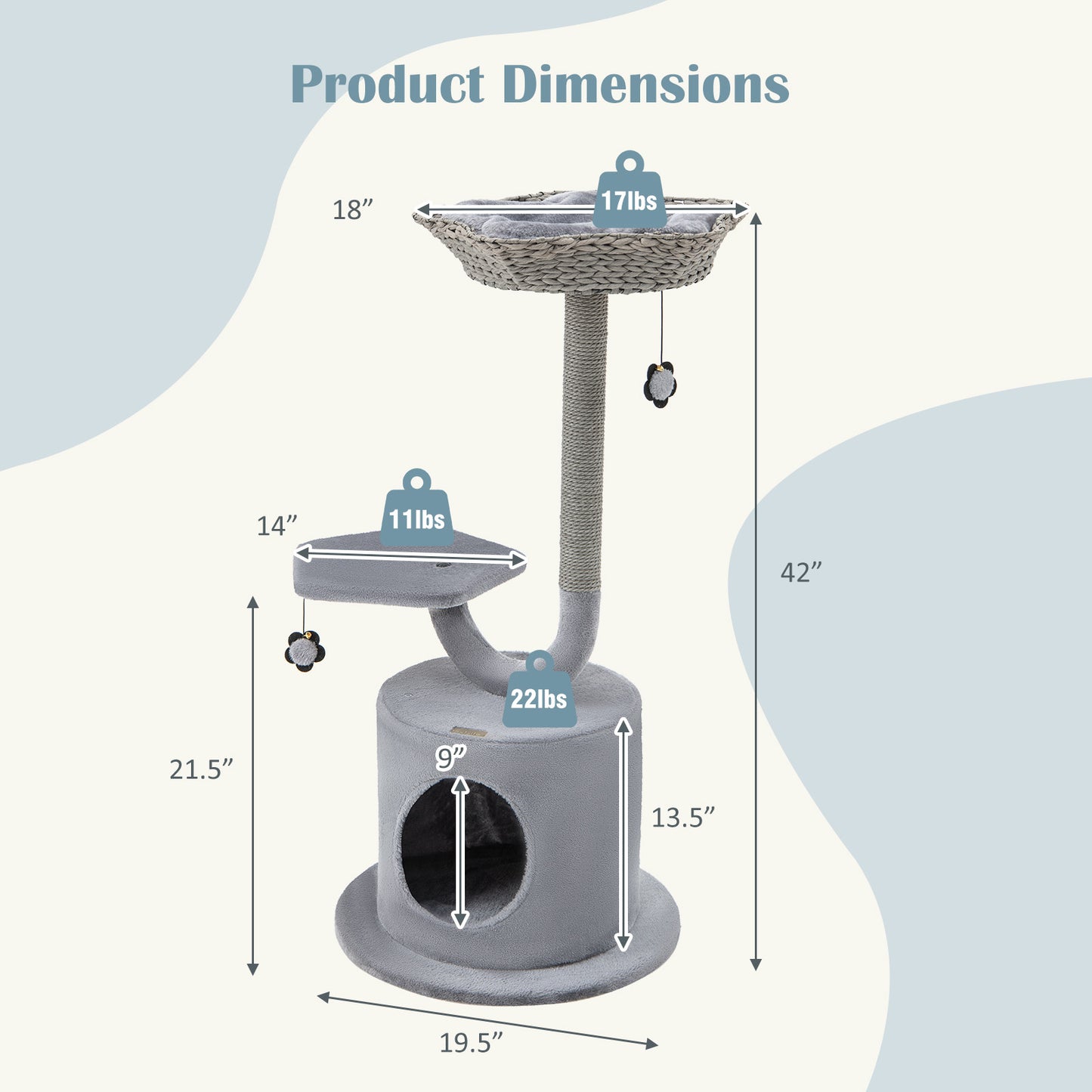 42 Inch Tall Cat Tower with Curved Metal Supporting Frame for Large and Small Cats-Gray