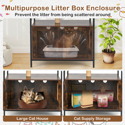 Cat Tree with Litter Box Enclosure Industrial Cat Tower Multi-level Cat Condo Furniture for Indoor Cats-Rustic Brown
