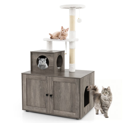 Cat Tree with Litter Box Enclosure with Cat Condo-Rustic Brown - Gray