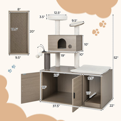 2-in-1 Modern Cat Tower with Litter Box Enclosure for Indoor Cars-Gray