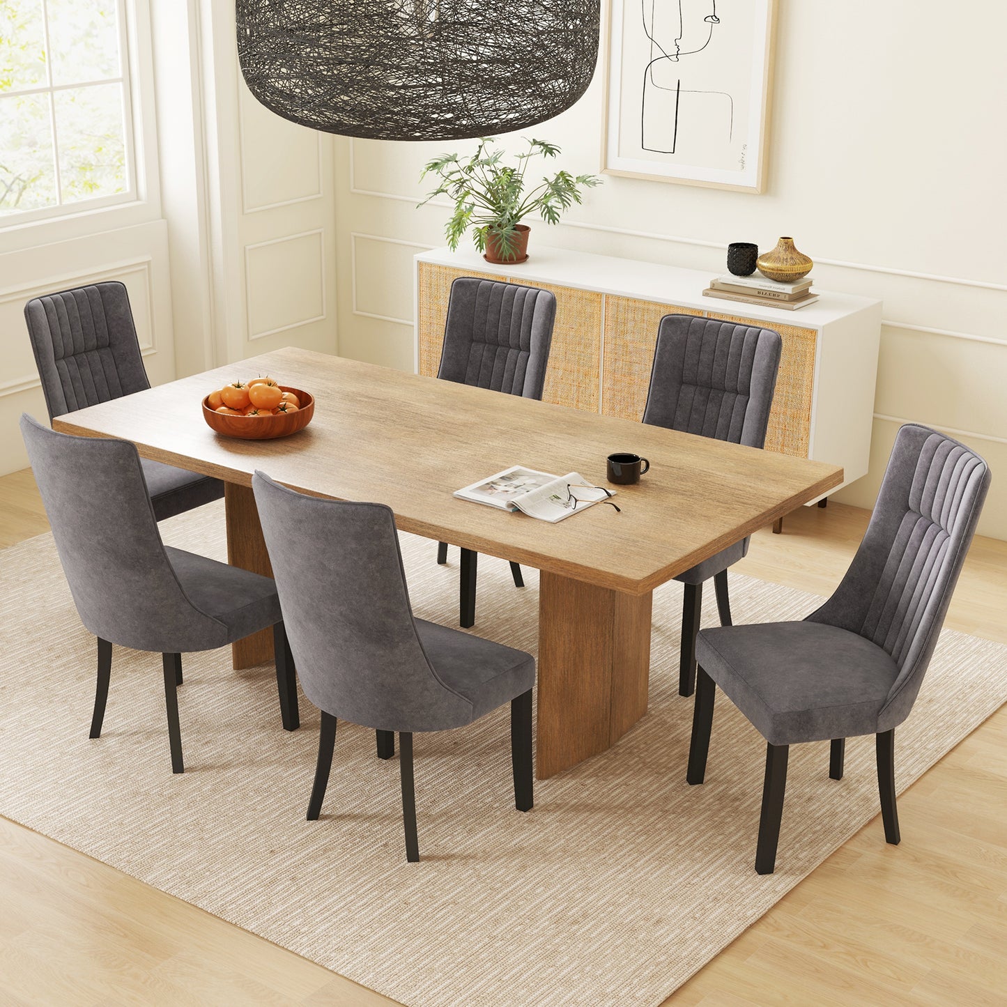 Channel Tufted Dining Chairs Set of 2 Upholstered Kitchen Side Chairs with High Backrest-Gray