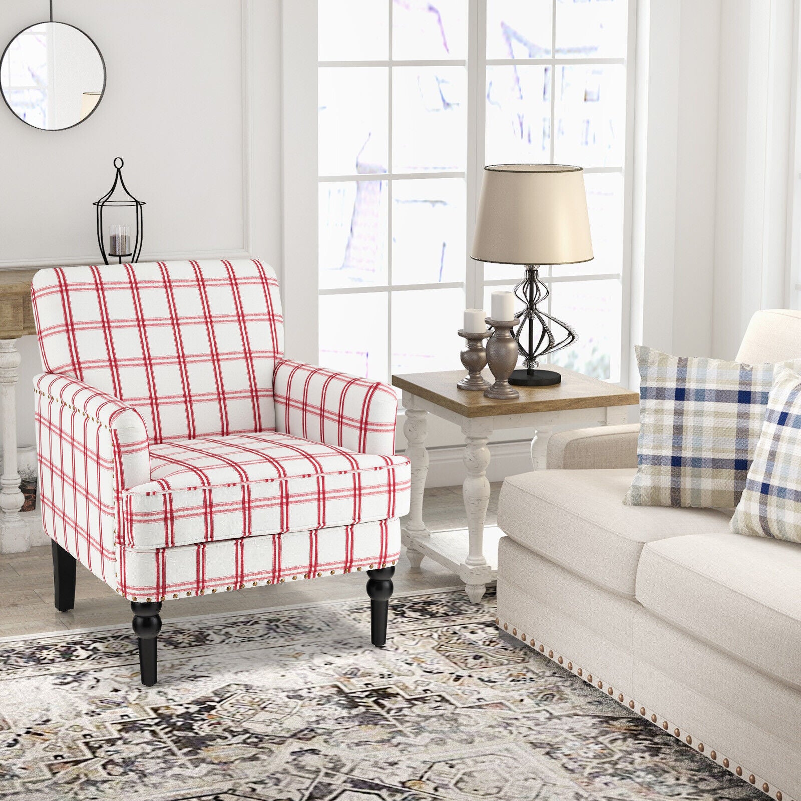 Modern Upholstered Padded Accent Chair with Rubber Wood Legs-Red