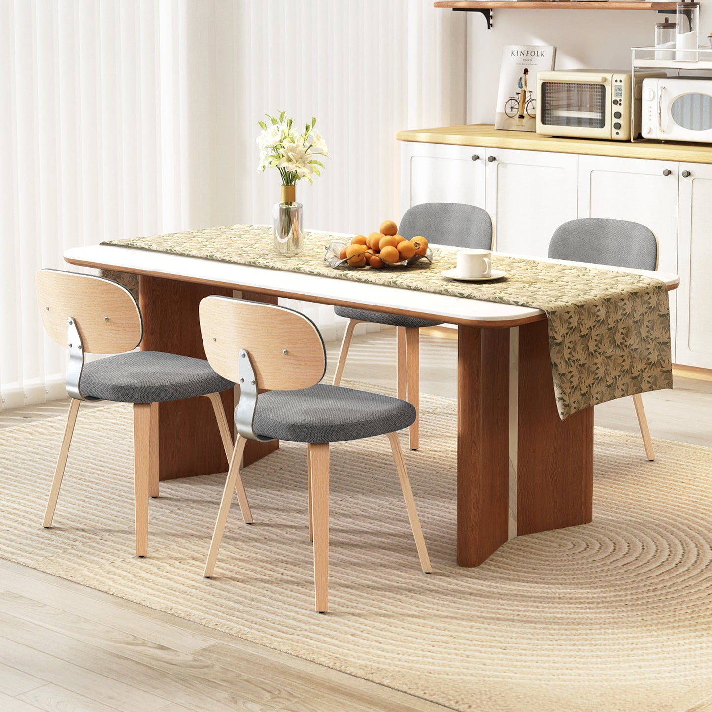 Chenille Fabric Upholstered Wooden Kitchen Chairs Set of 4-Gray