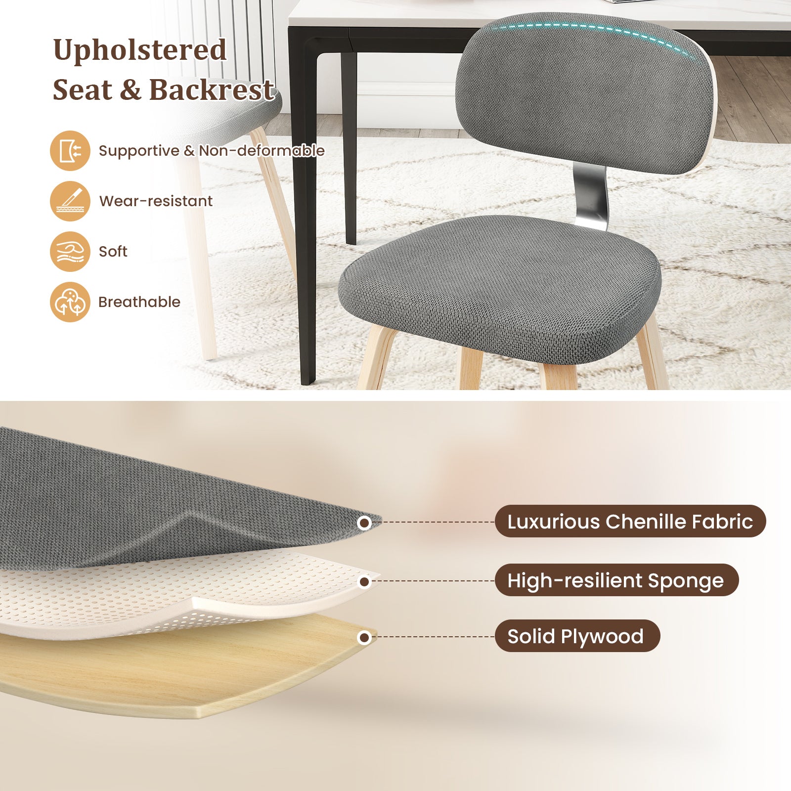 Chenille Fabric Upholstered Wooden Kitchen Chairs Set of 4-Gray