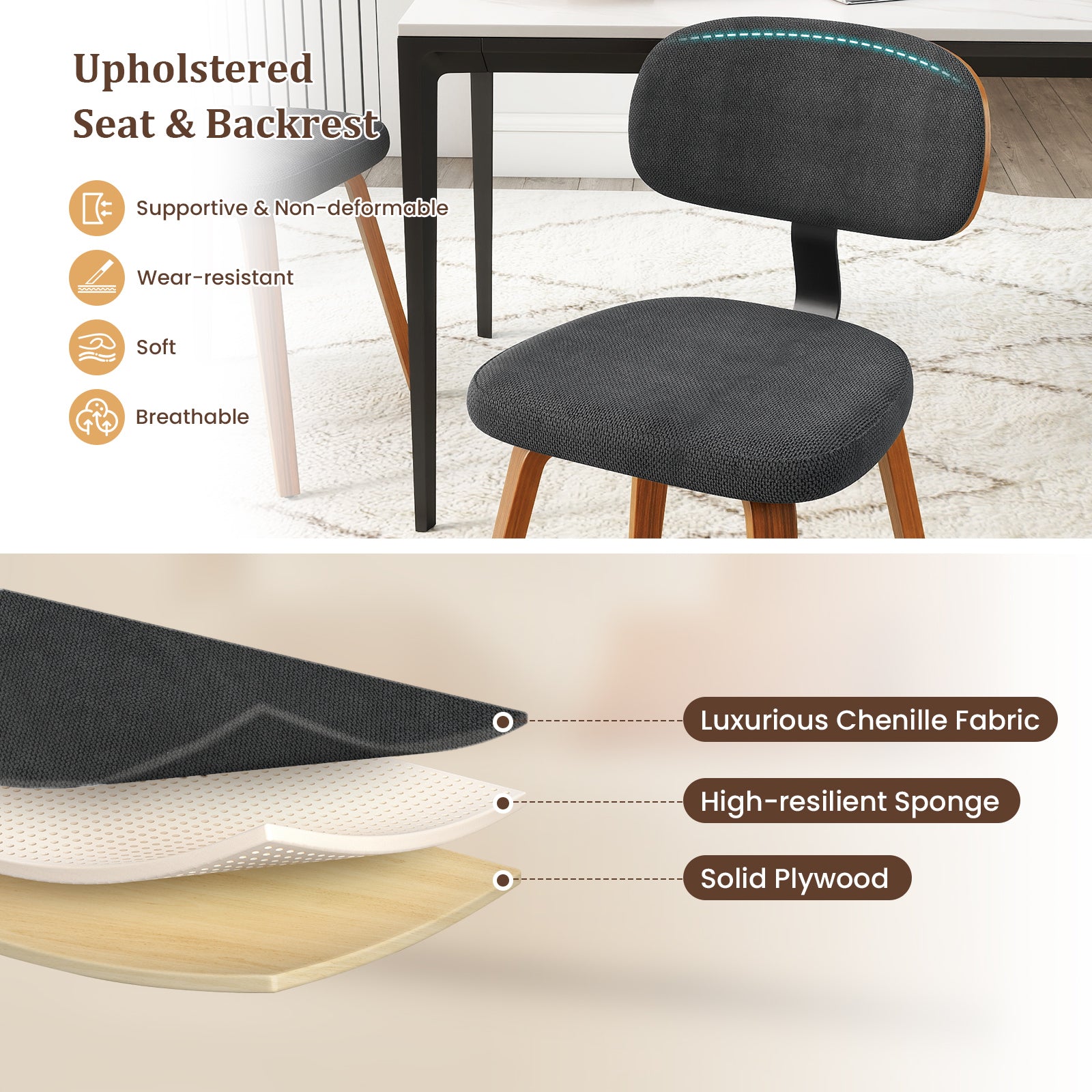 Chenille Fabric Upholstered Wooden Kitchen Chairs Set of 4-Dark Gray