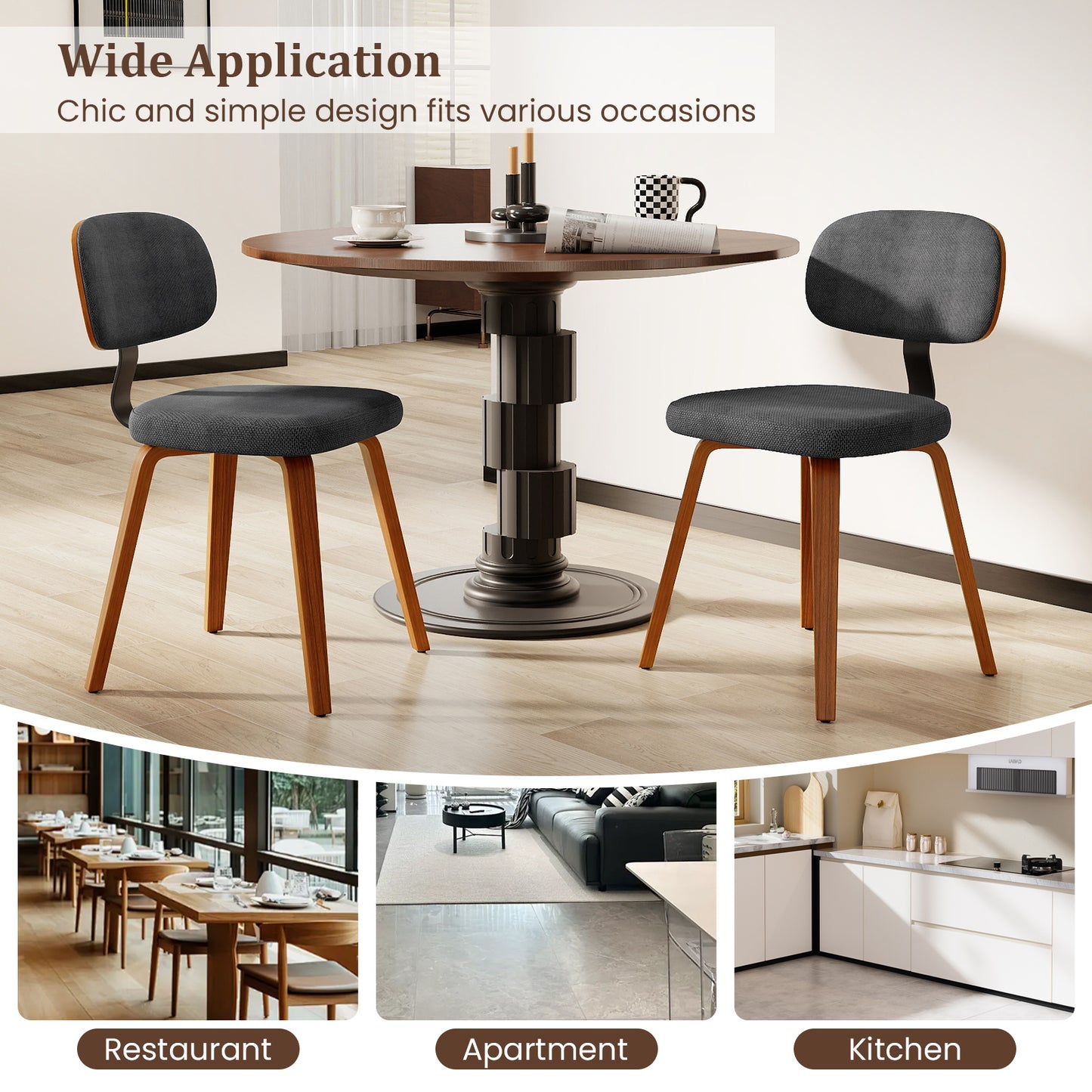 Chenille Fabric Upholstered Wooden Kitchen Chairs Set of 4-Dark Gray
