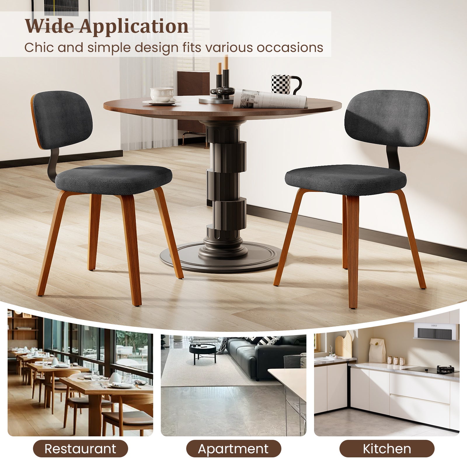 Chenille Fabric Upholstered Wooden Kitchen Chairs Set of 4-Dark Gray